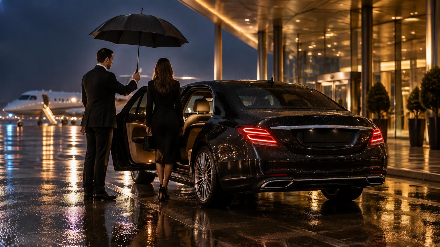 Berline noire avec chauffeur, parapluie à la main, devant un terminal d’aéroport de nuit